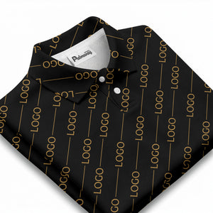 gold custom logo repeat pattern on black luxury minimalist polo shirt