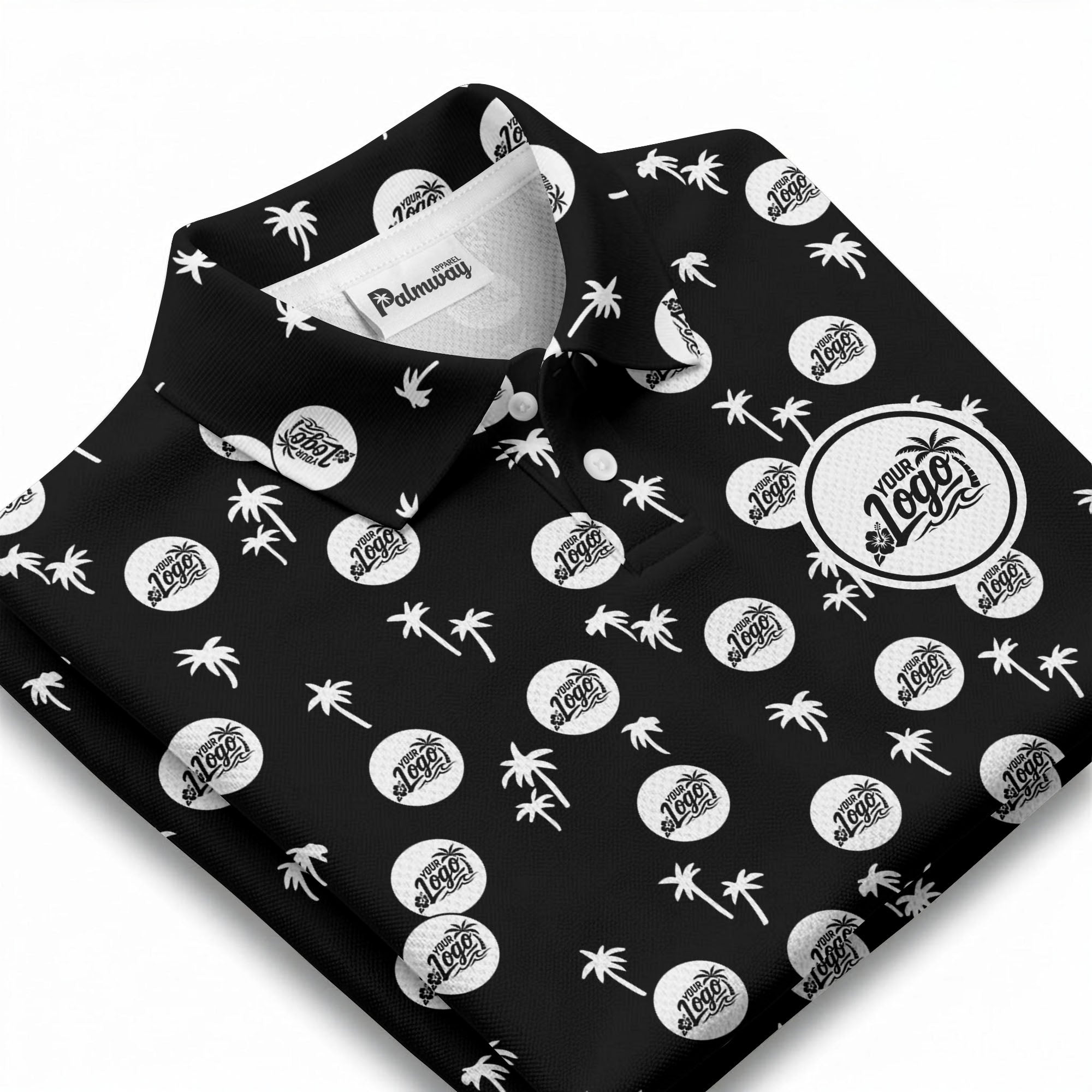 illustrated black tropical palm trees repeating polo shirt for summer beach days