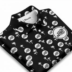 illustrated black tropical palm trees repeating polo shirt for summer beach days