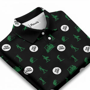 illustrated golfers golf carts repeating on green polo shirt for weekend fairway fun