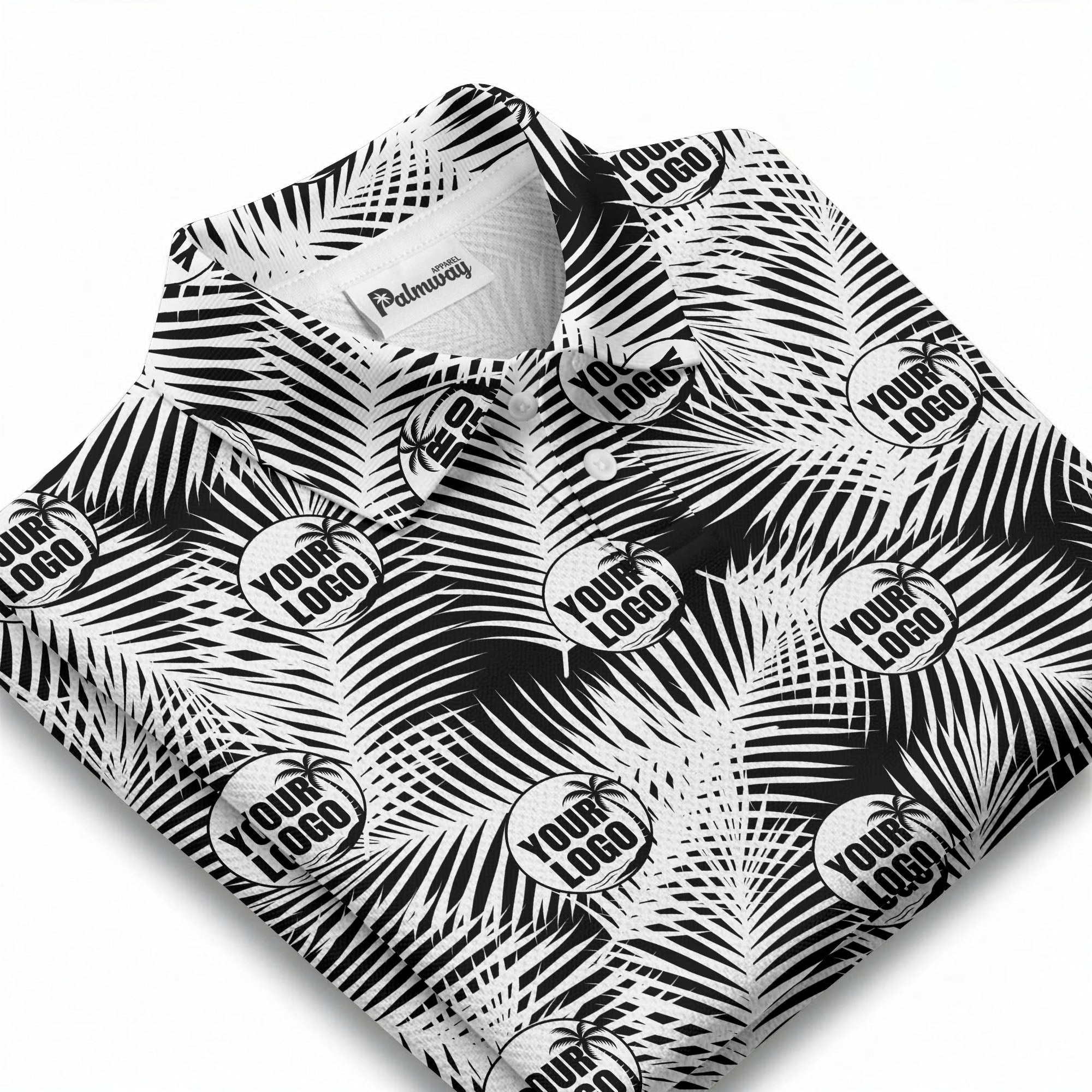 illustrated palm leaf logo repeating tropical polo shirt for men
