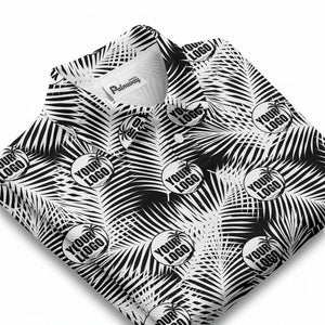 illustrated palm leaf logo repeating tropical polo shirt for men