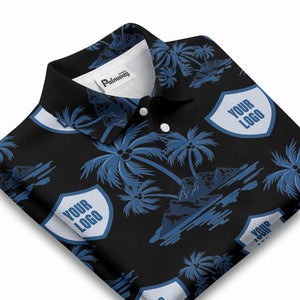 island oasis palm trees & shield logos navy blue tropical polo shirt