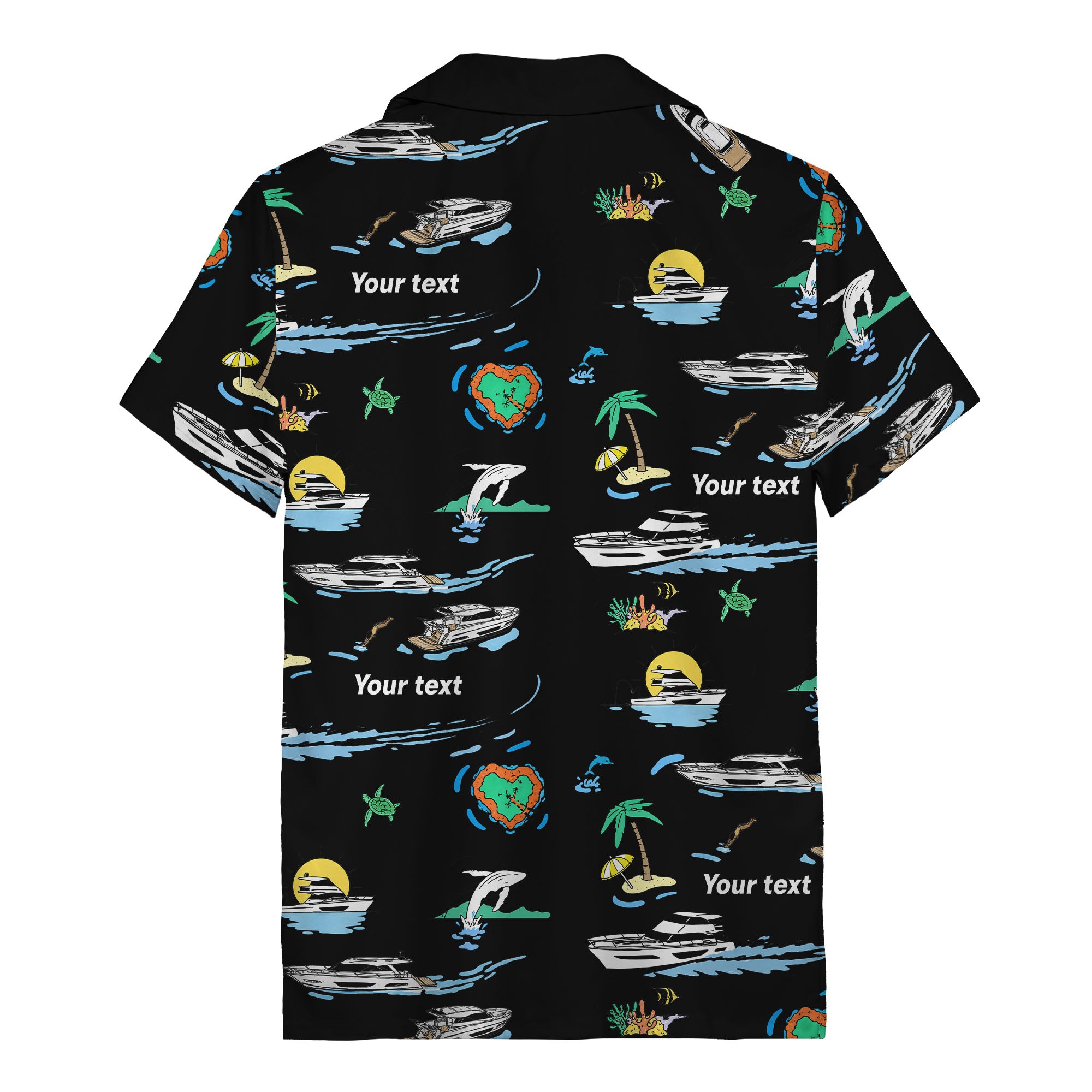 luxury yacht & heart-shaped island cartoon hawaiian shirt