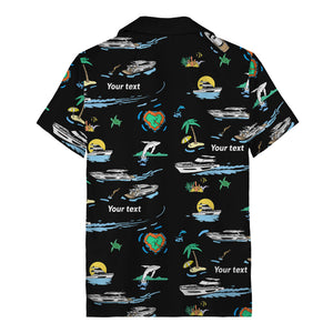 luxury yacht & heart-shaped island cartoon hawaiian shirt