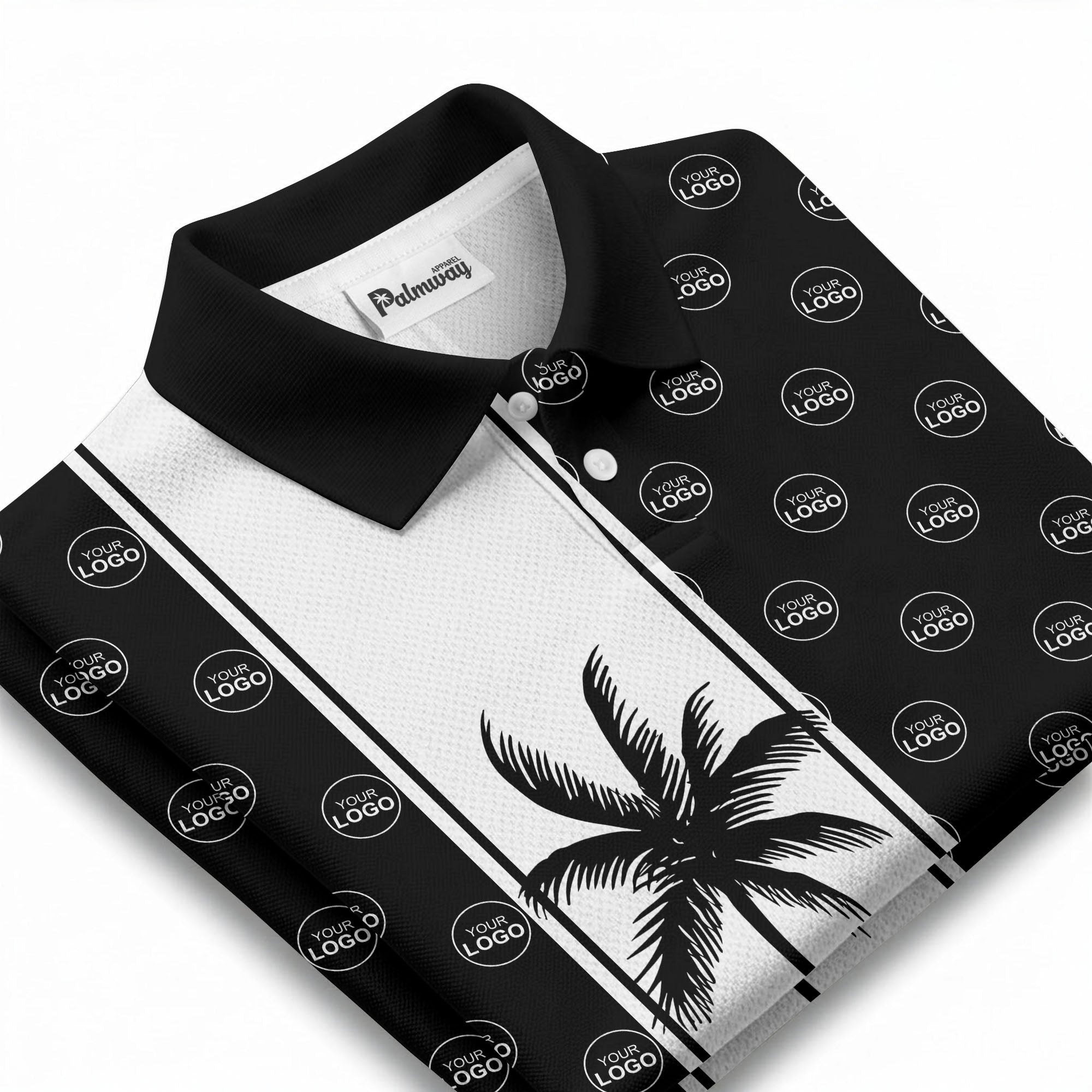 monochrome palm tree silhouette & logo repeat polo shirt