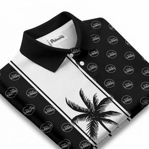 monochrome palm tree silhouette & logo repeat polo shirt
