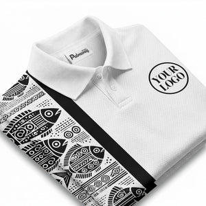 monochrome tribal fish & geometric borders patterned polo shirt for men