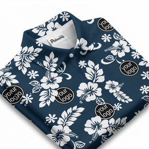 navy blue watercolor hibiscus & custom logo repeat pattern polo shirt