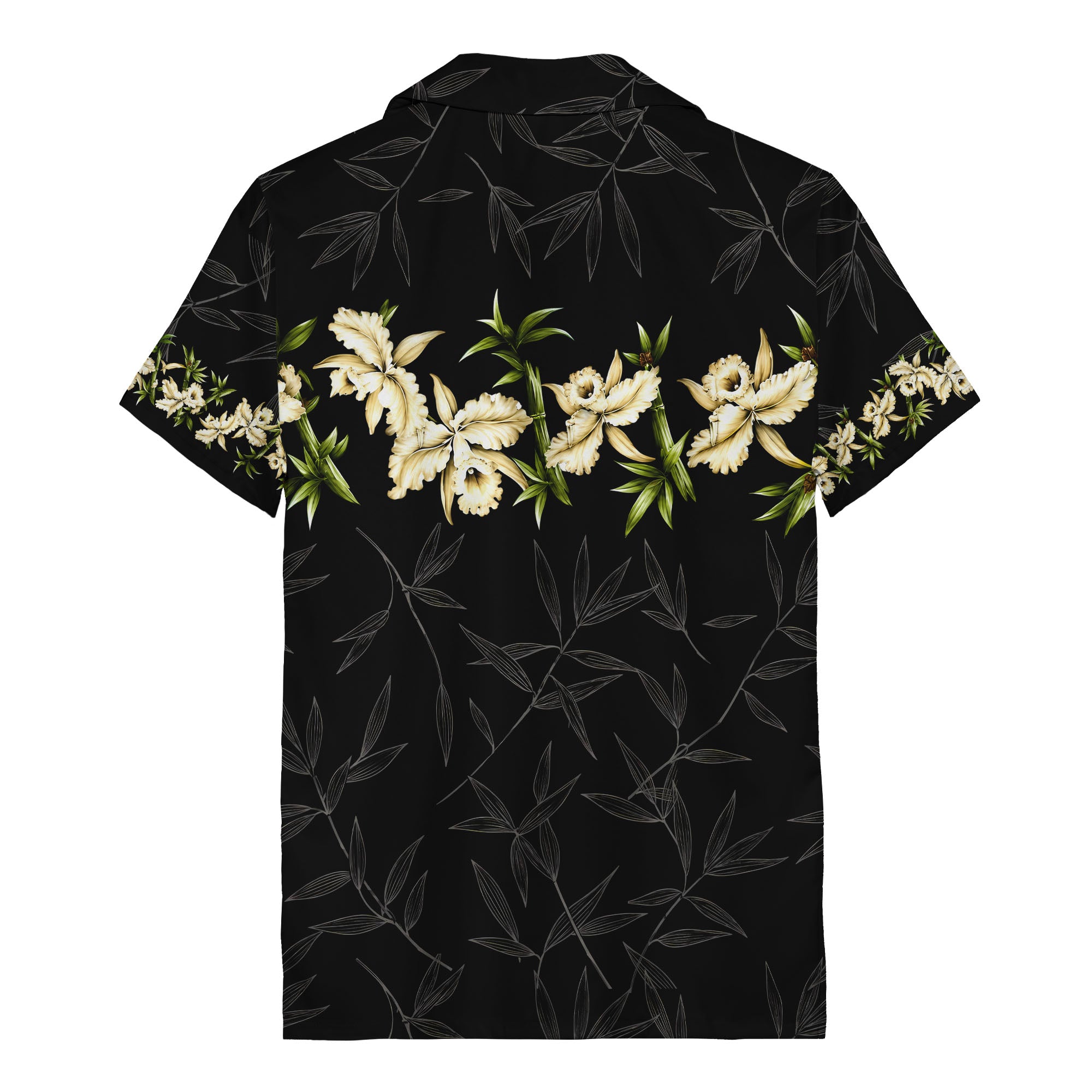orchid & bamboo photoreal black hawaiian shirt