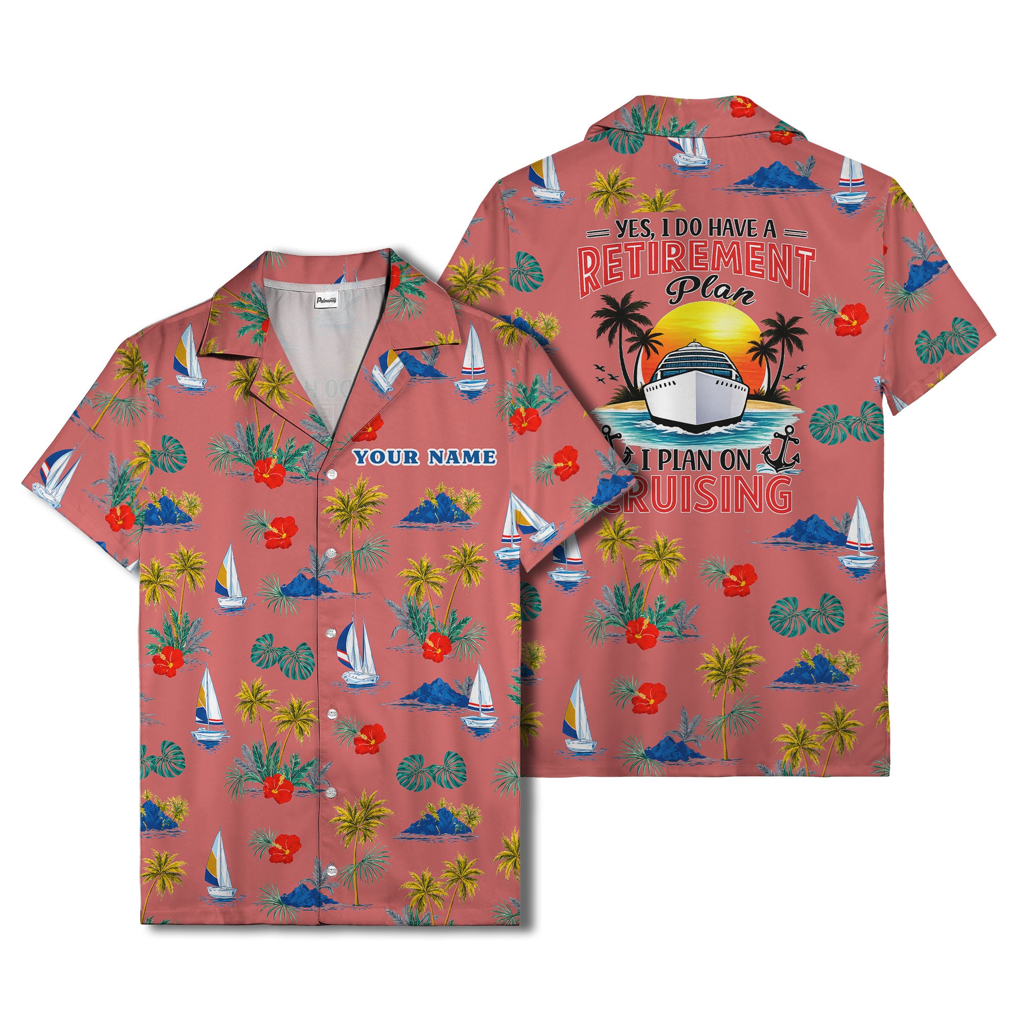 palm trees sailboats hibiscus island paradise hawaiian shirt