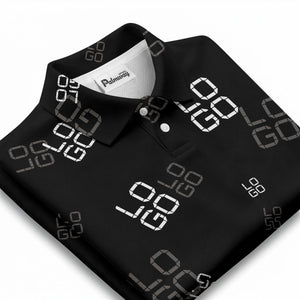 pixelated logo text pattern polo shirt | modern digital all-over design