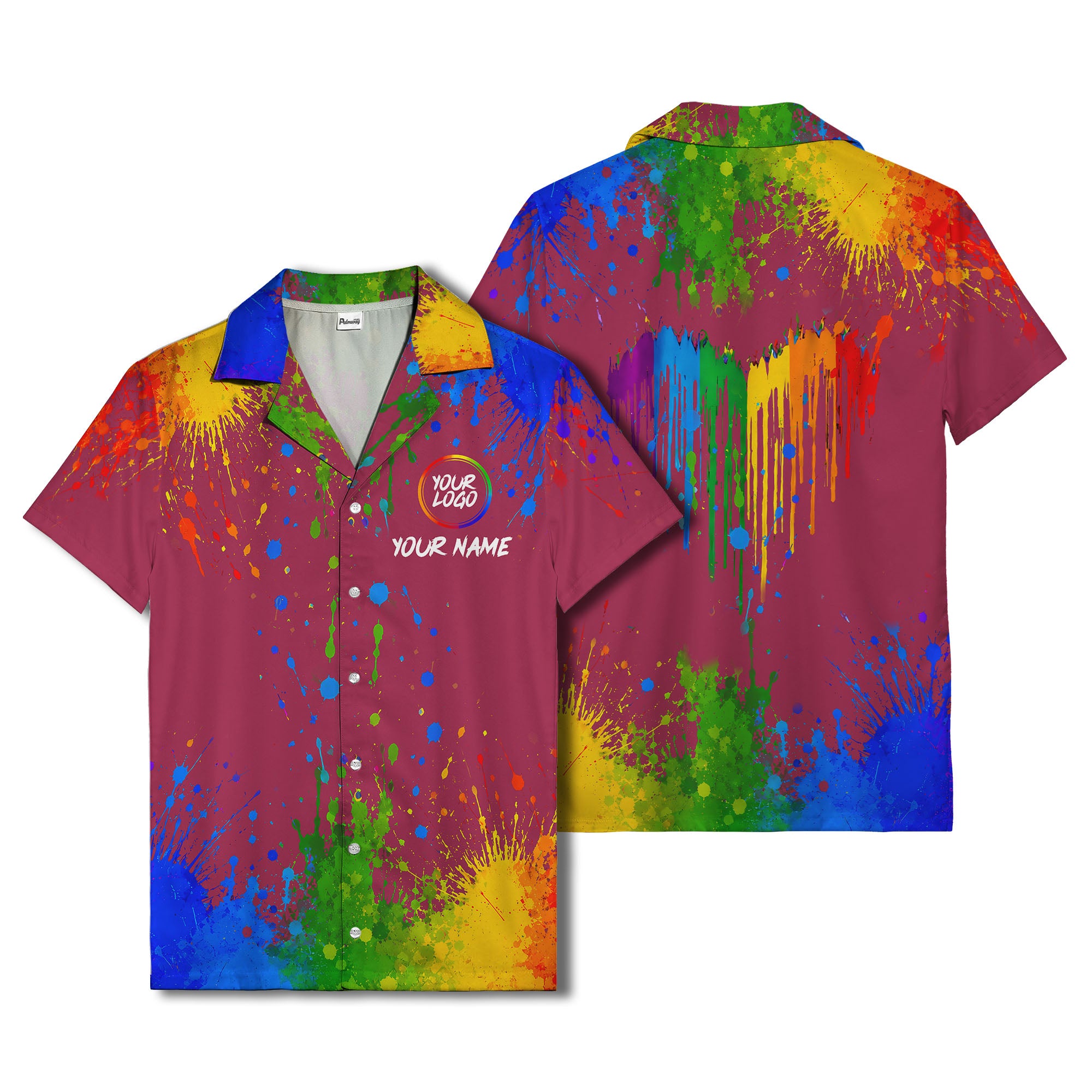rainbow paint splatter abstract art hawaiian shirt with customizable name