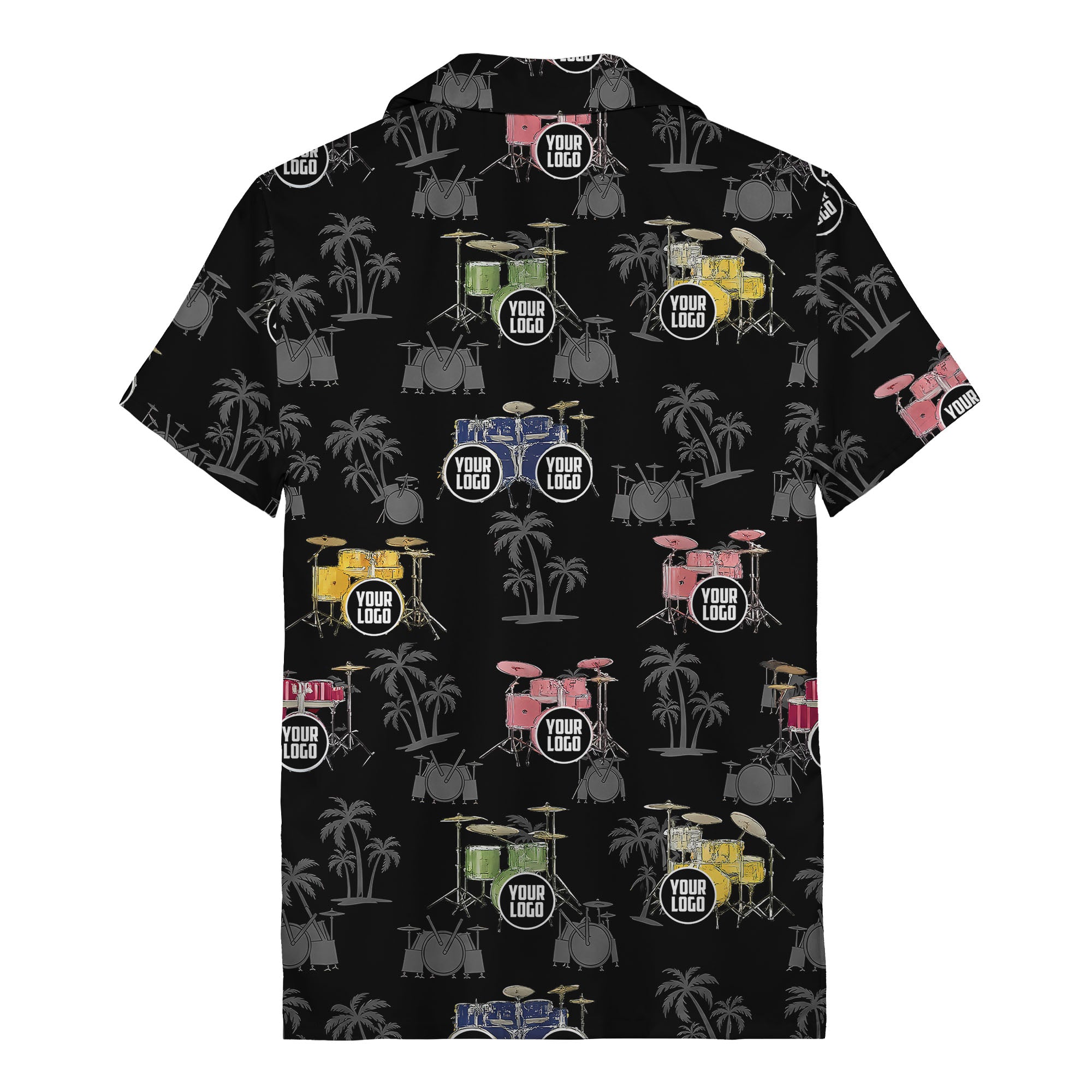 rockin' drum kits & palm trees repeat hawaiian shirt for musicians
