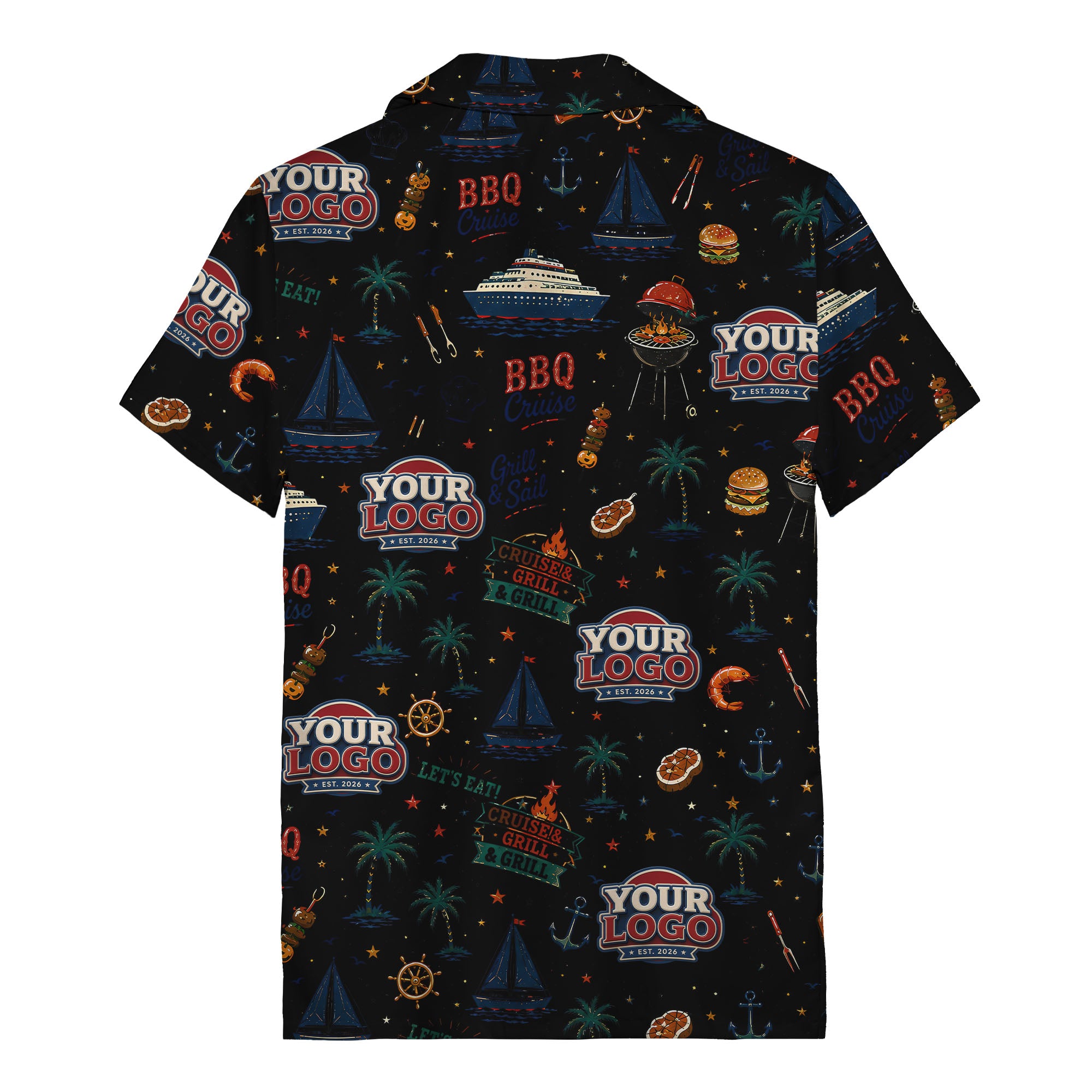 sailboats anchors ship wheels hamburger shrimp steak grill tools hawaiian shirt for men