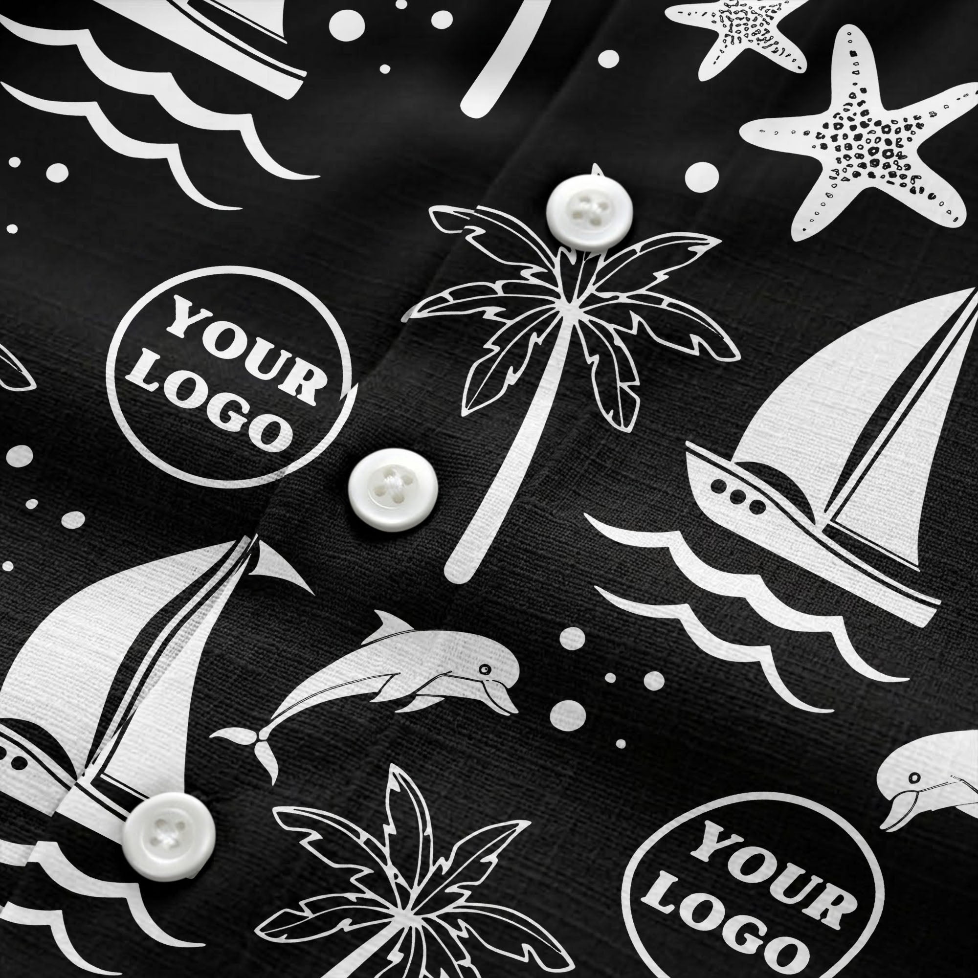 sailboats dolphins palm trees starfish repeat pattern black white hawaiian shirt