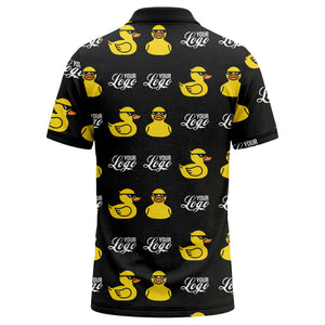 sunglasses rubber duck repeat pattern black yellow fun cartoon golf polo shirt