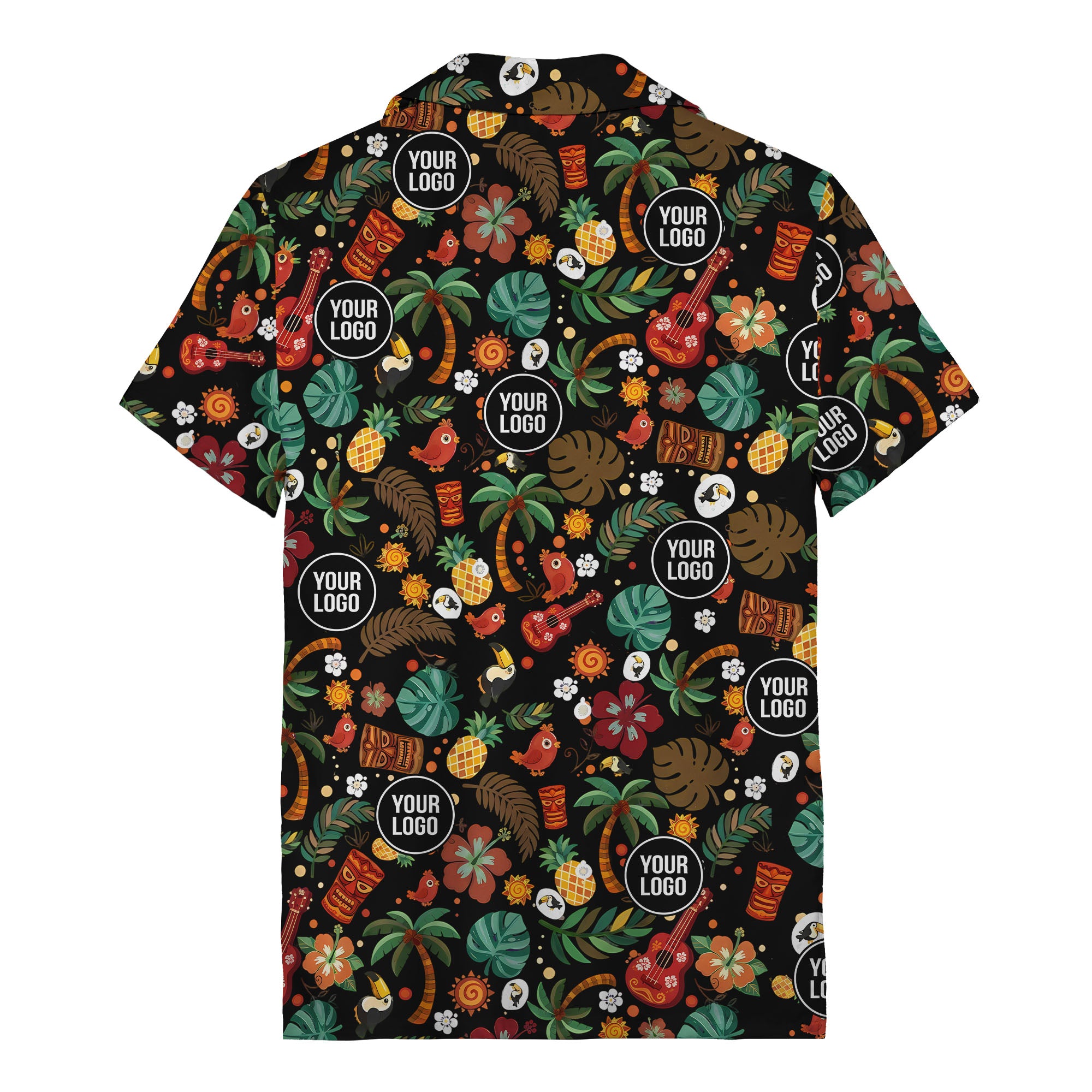 tiki masks & pineapples watercolor hawaiian shirt with toucans & ukuleles