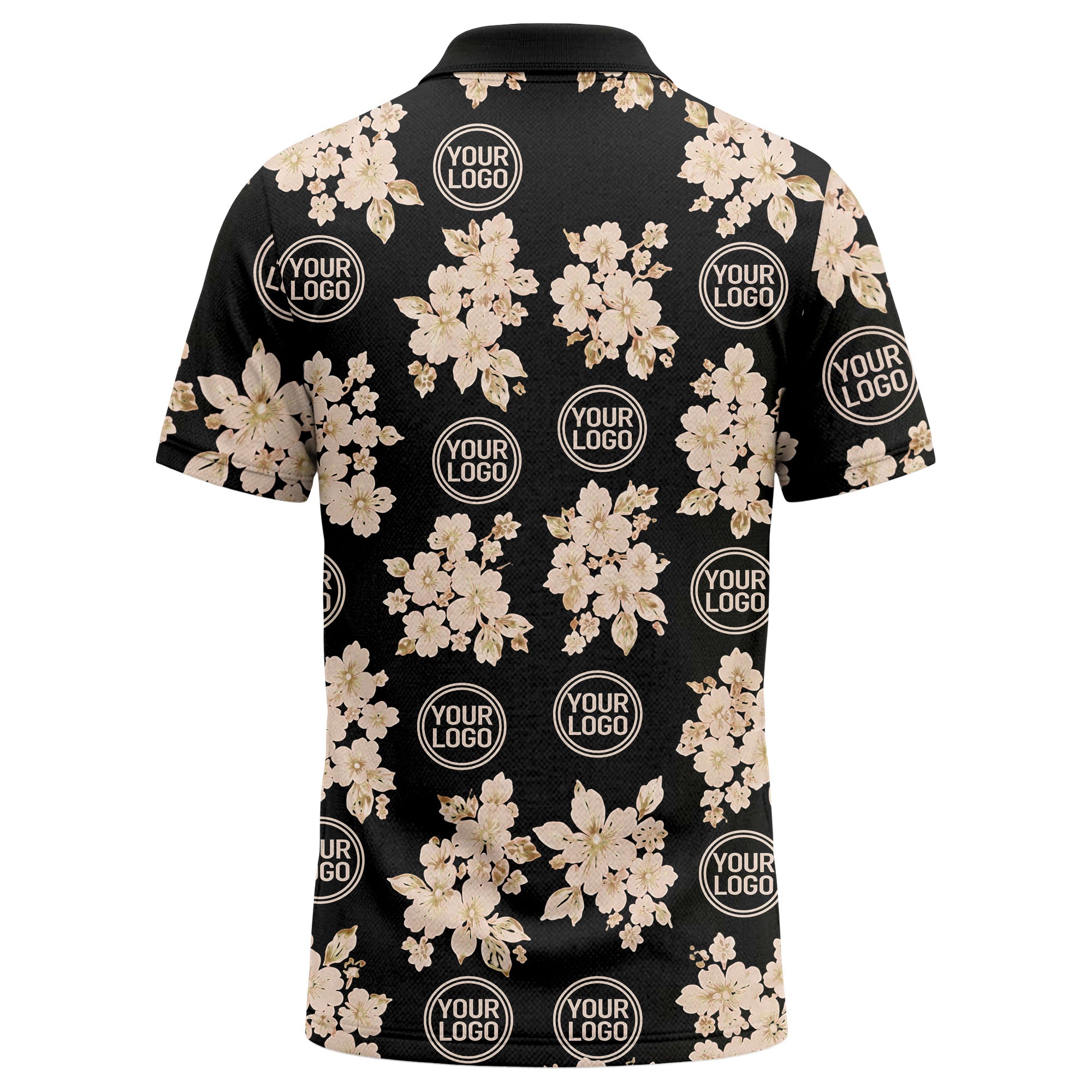 watercolor cherry blossom custom logo repeat polo shirt in black