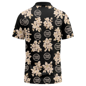 watercolor cherry blossom custom logo repeat polo shirt in black
