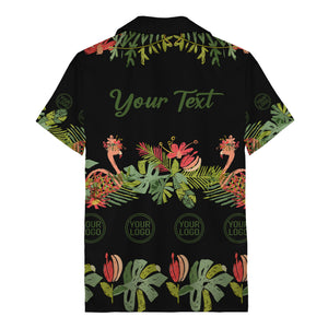 watercolor flamingo palm tropical flowers black hawaiian shirt