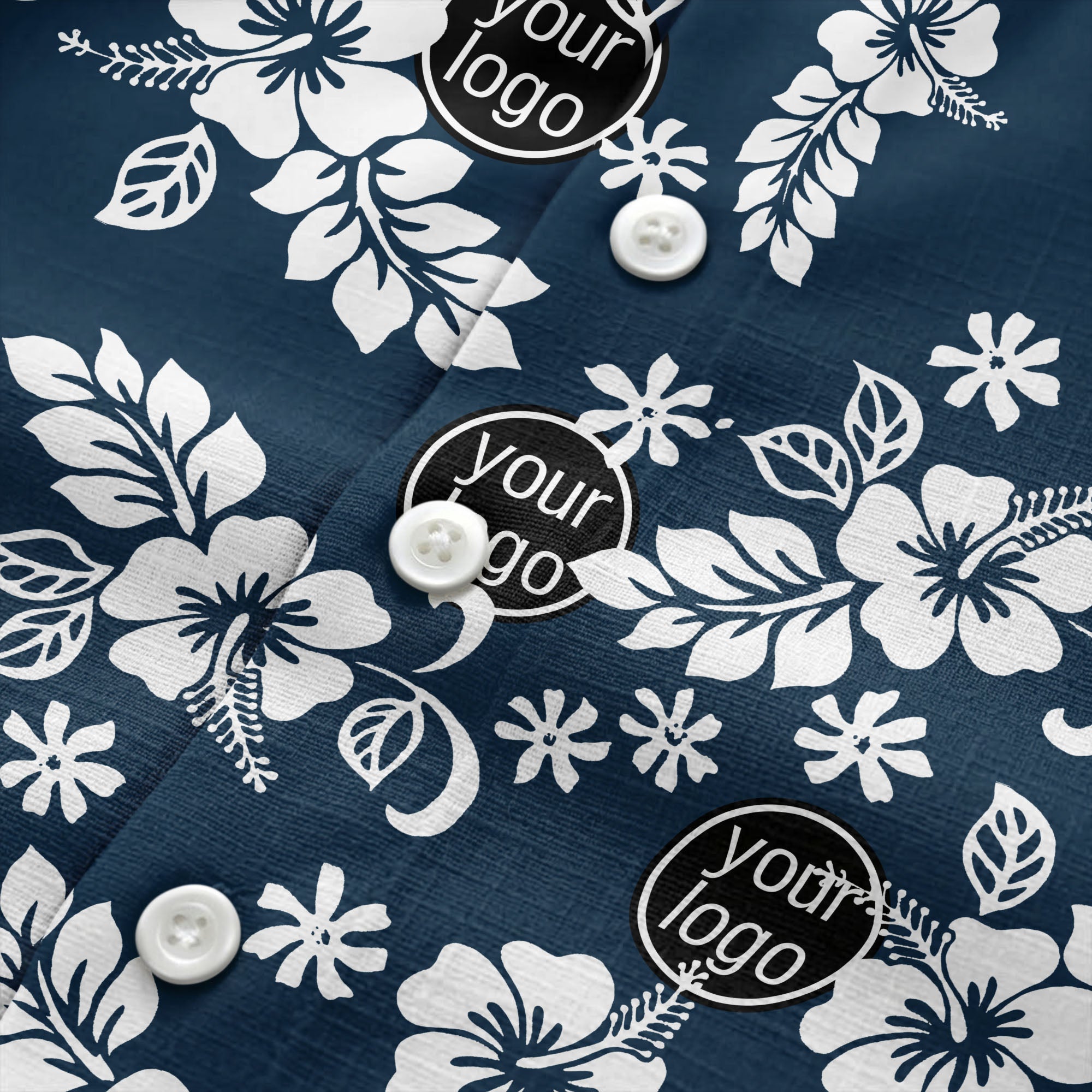watercolor hibiscus blooms & custom logo navy blue hawaiian shirt