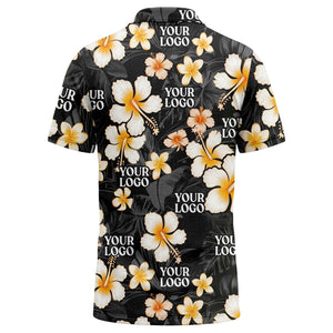 watercolor hibiscus & plumeria black aloha polo shirt for men
