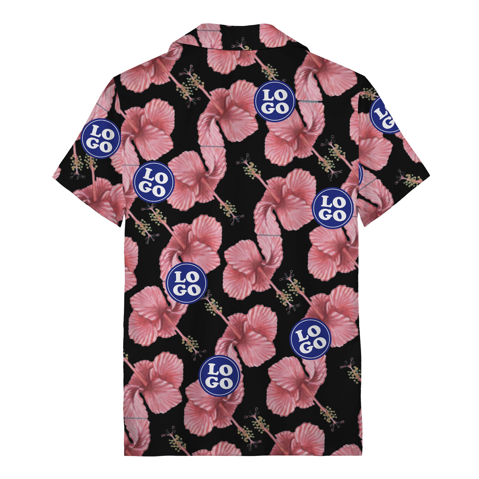 watercolor pink hibiscus & blue logo repeat aloha hawaiian shirt