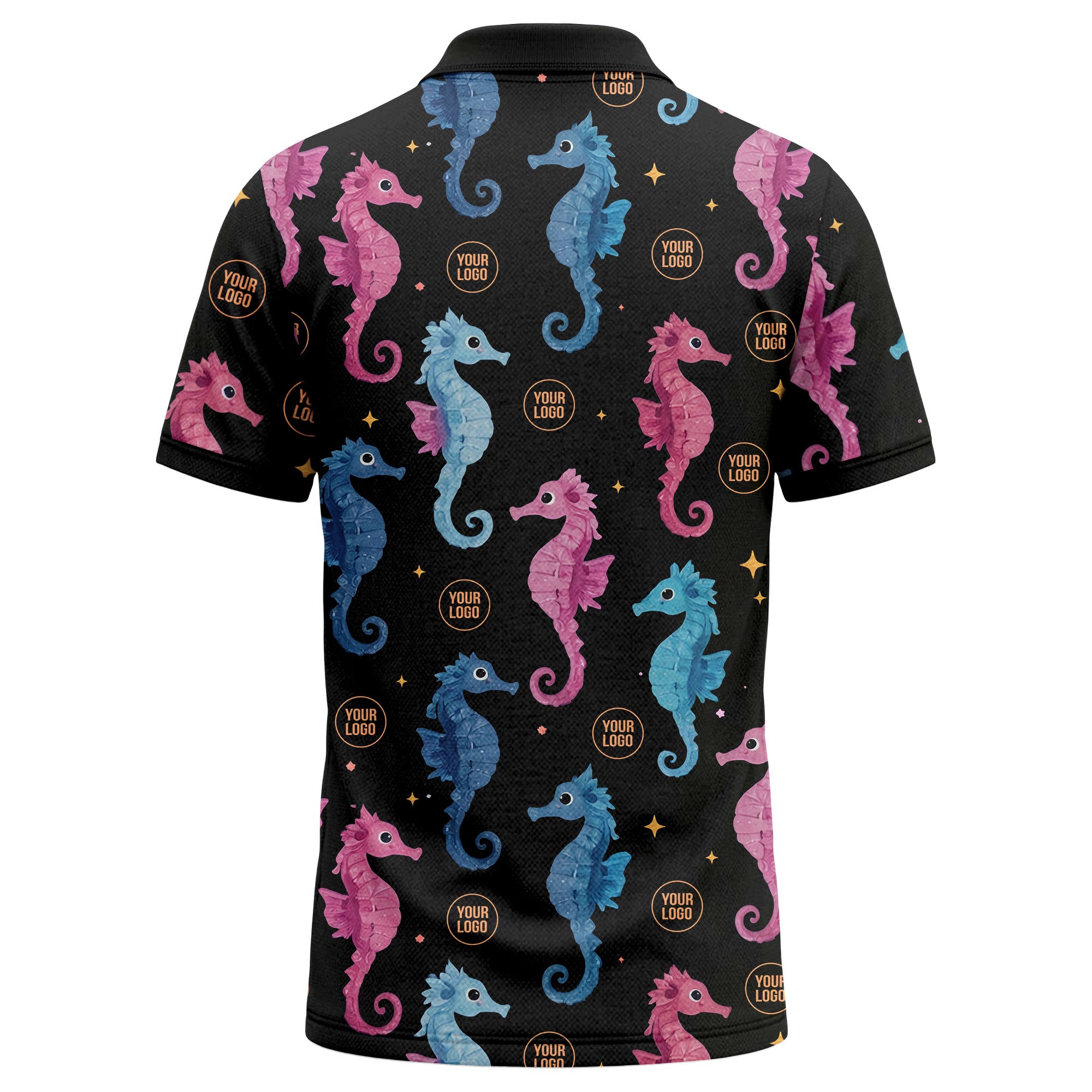 watercolor seahorse repeat marine life polo shirt in pink blue