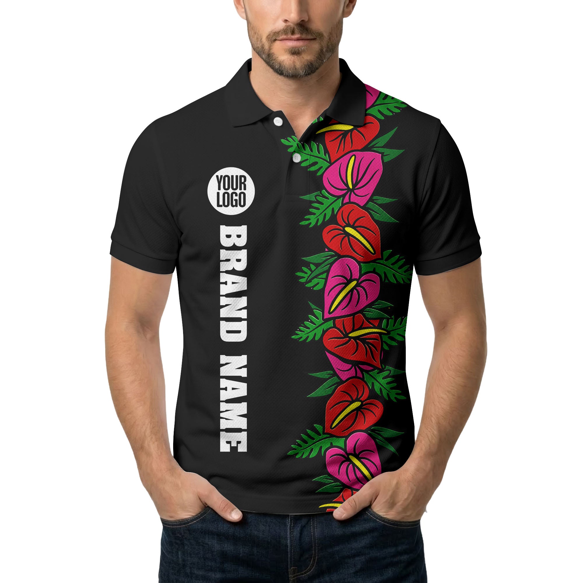 anthurium & emerald leaf stripe coral red polo shirt for men