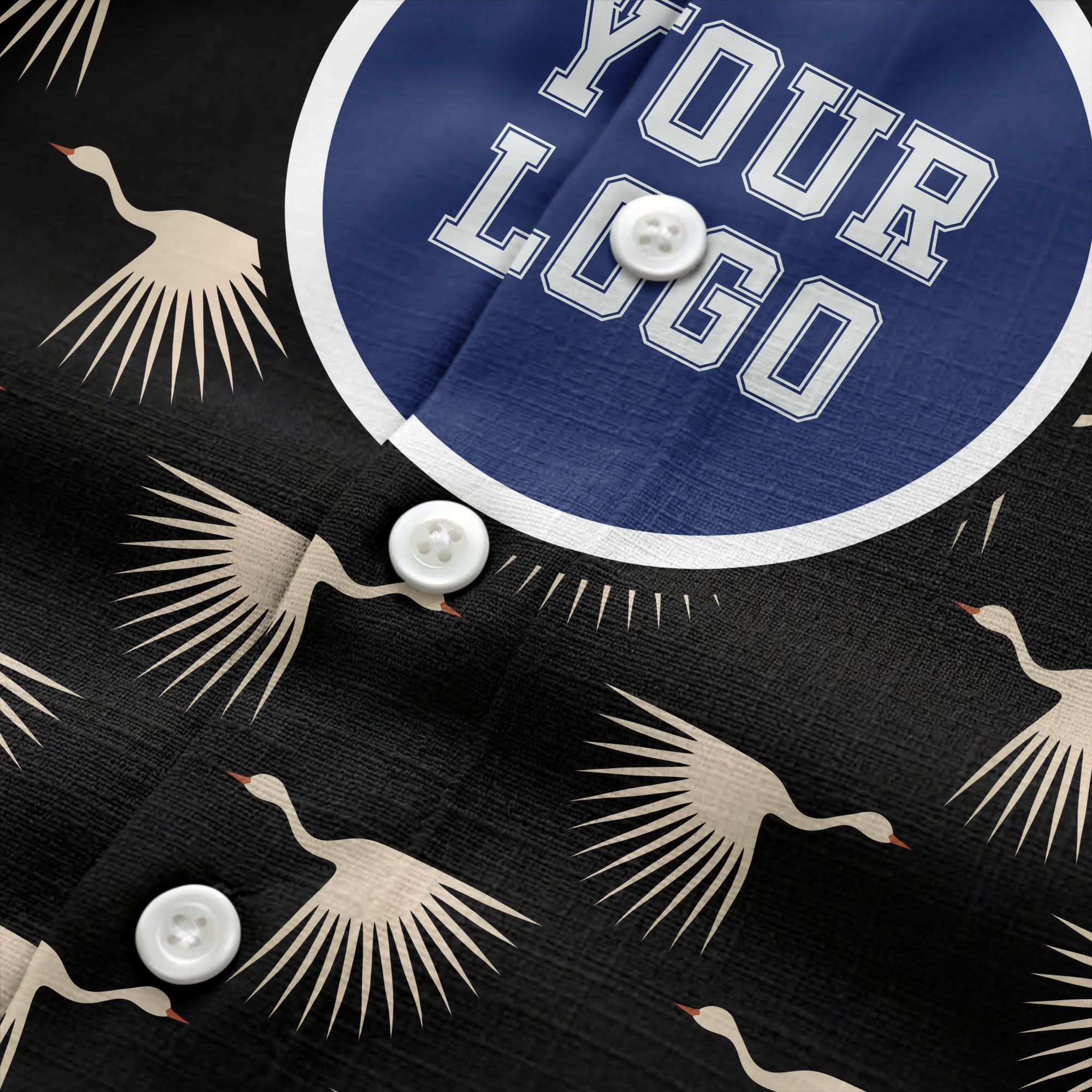 art deco crane silhouette logo beige navy hawaiian shirt