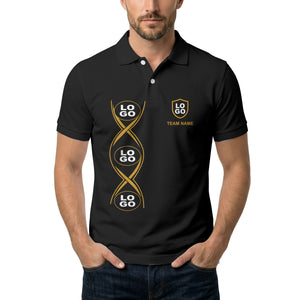 black gold infinity spiral shield team name graphic polo shirt for men