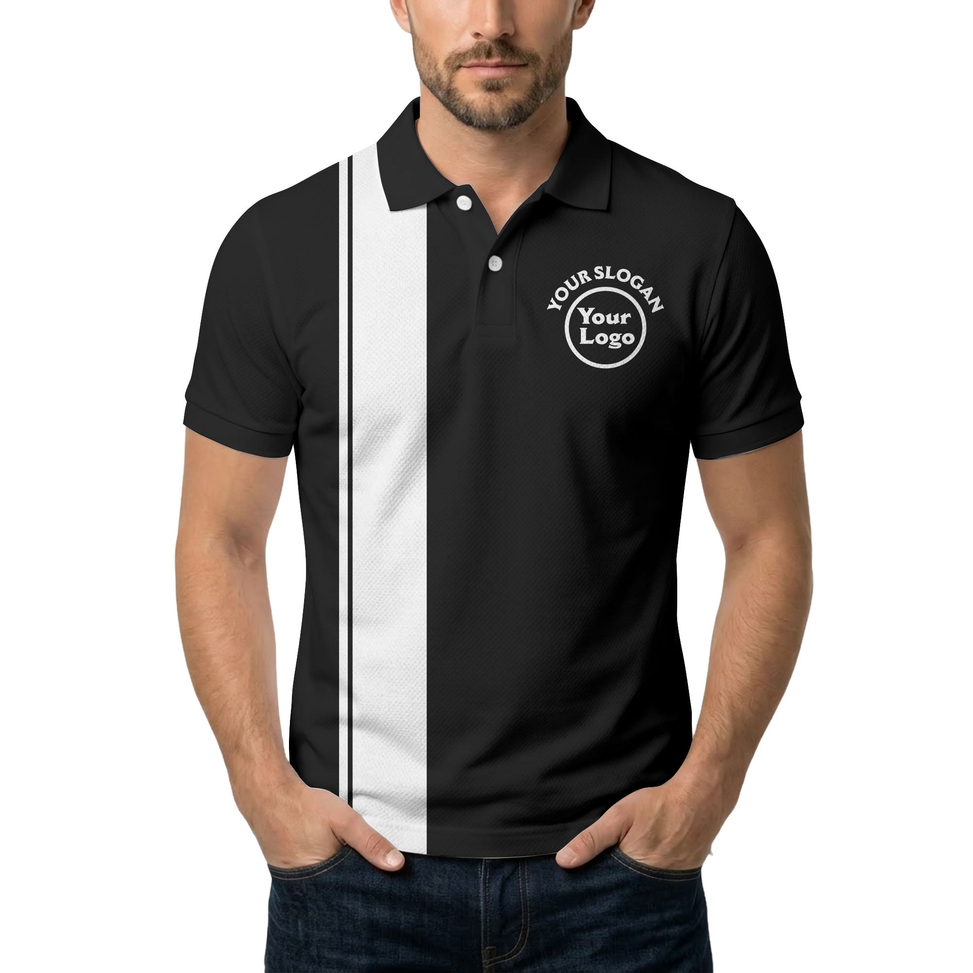 bold black white vertical stripe custom logo golf country club polo shirt