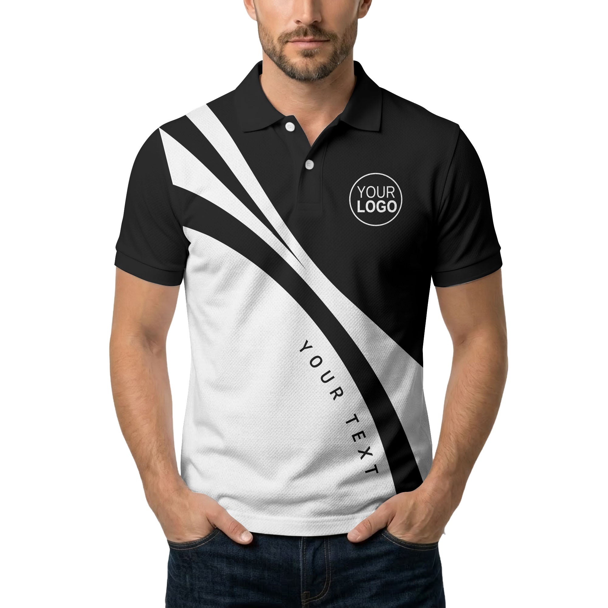 bold diagonal stripes custom logo black white gray modern golf polo shirt