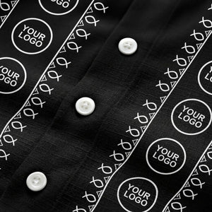 circular logo & fish symbols black hawaiian shirt for men