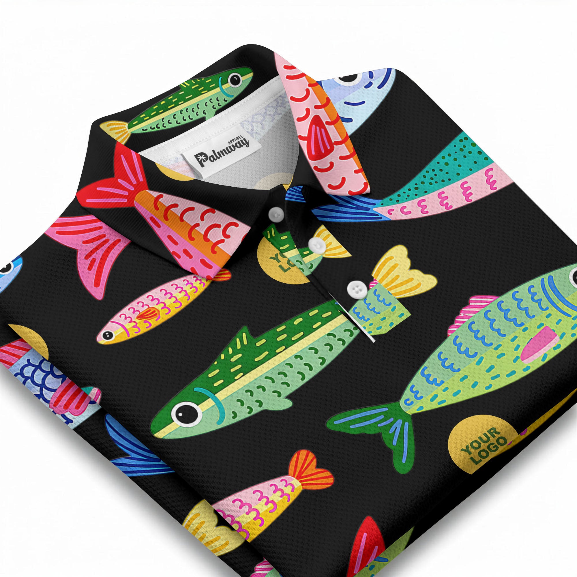 colorful cartoon fish & custom logo repeat all-over print polo shirt