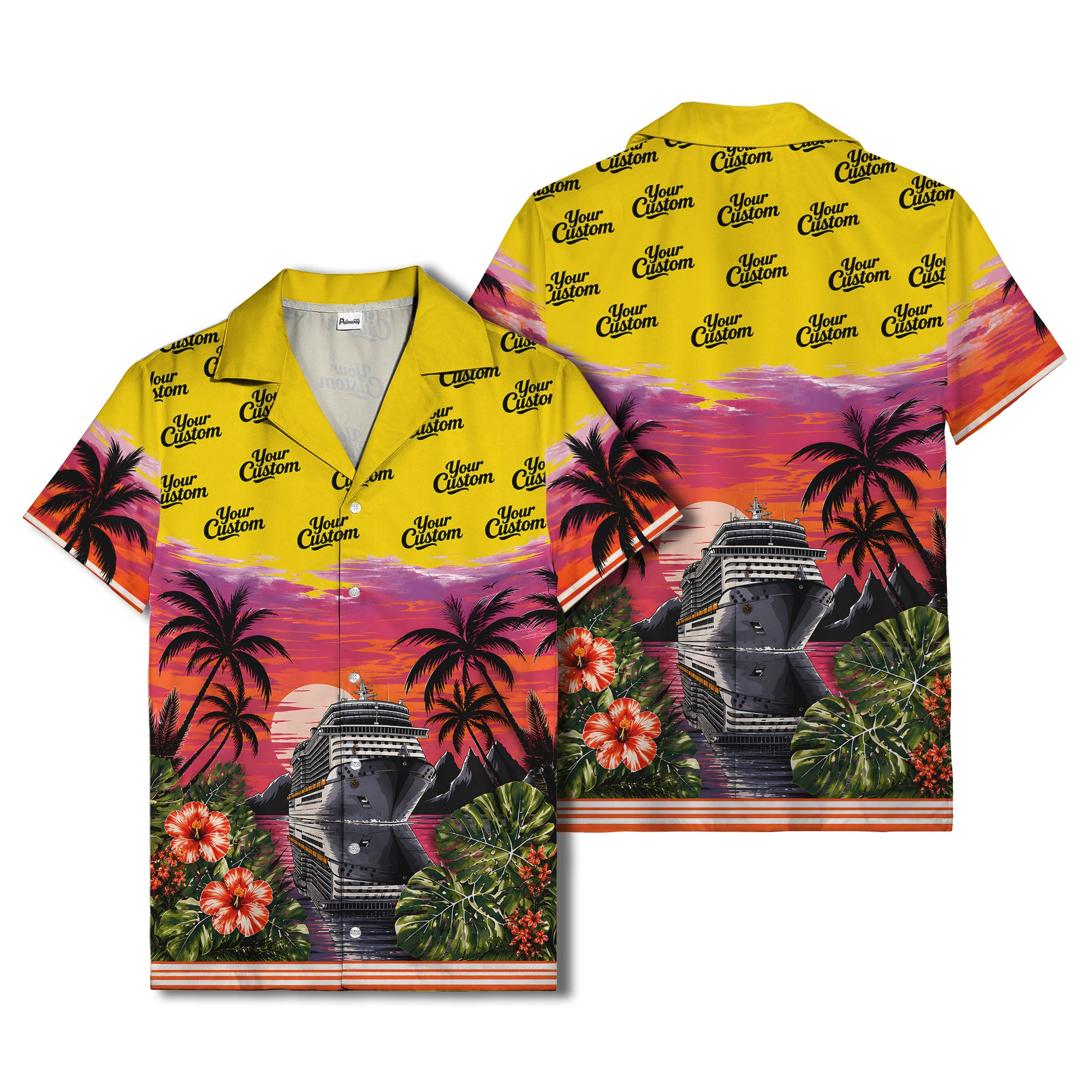 cruise ship sunset palm trees hibiscus flowers hawaiian shirt for men