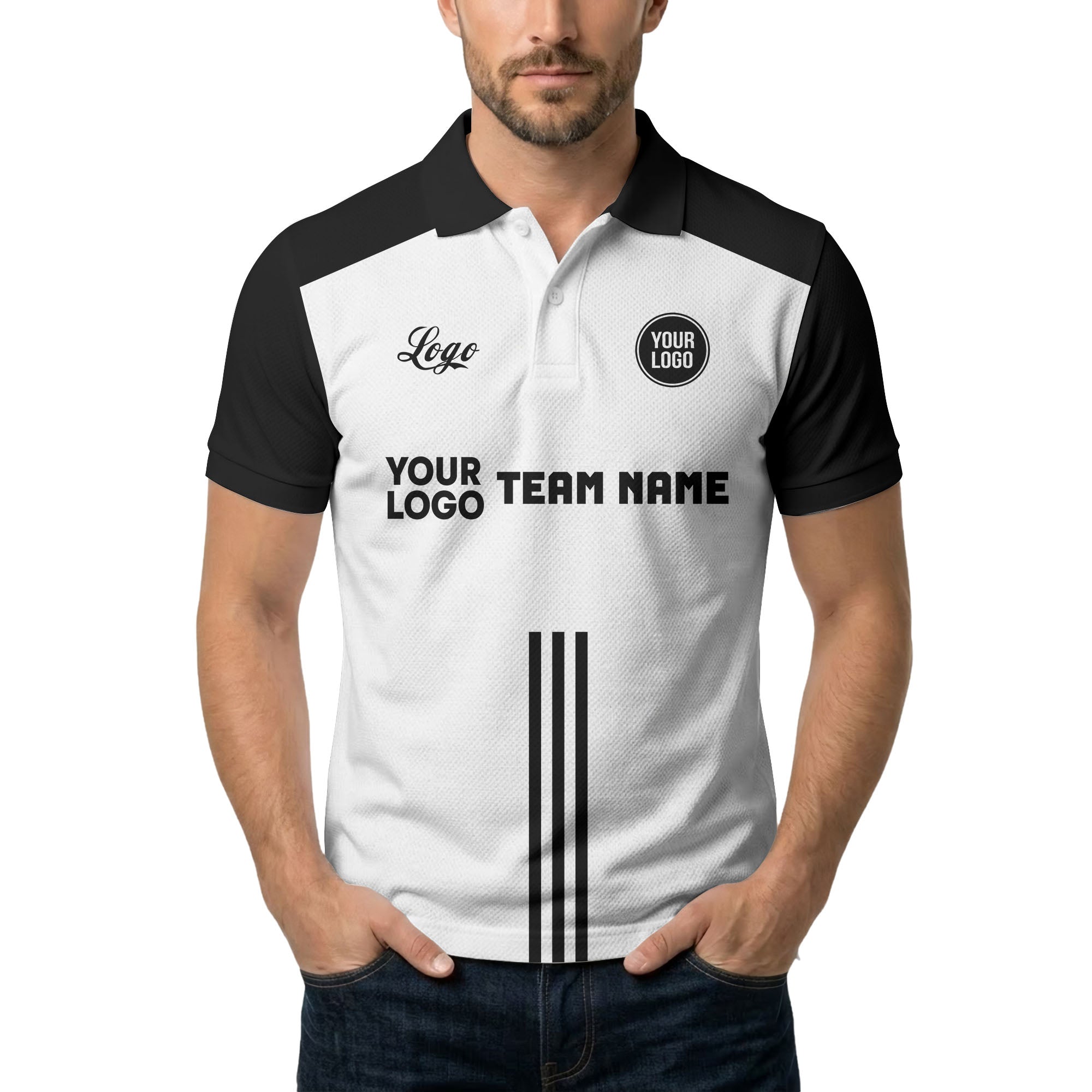 custom logo & team text white black sports jersey polo shirt for men