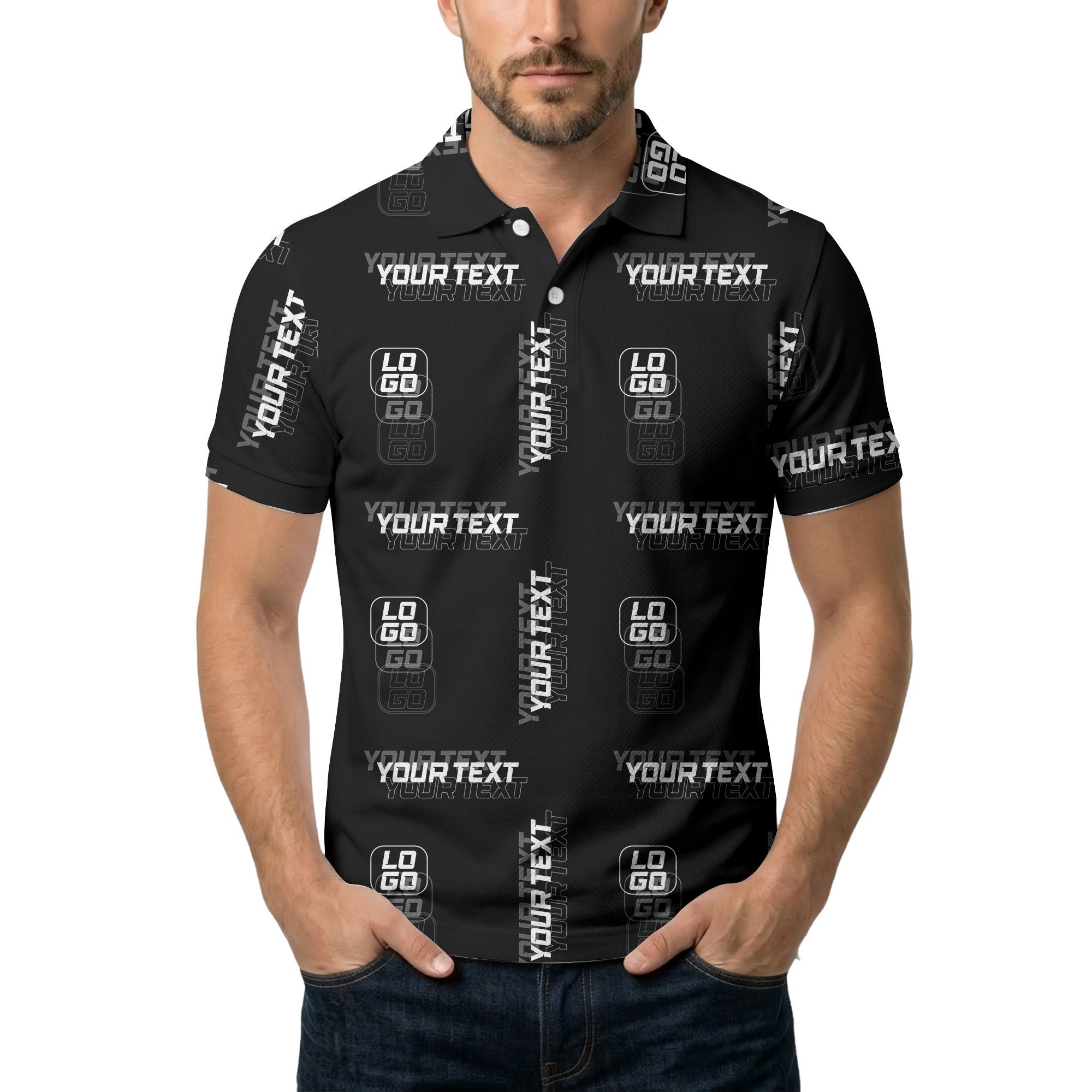 custom logo & text repeat pattern black polo shirt for men