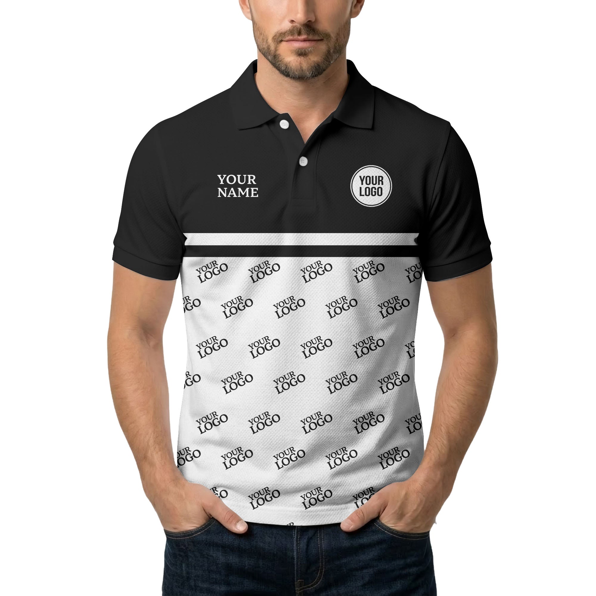 custom logos repeat monochrome black white corporate polo shirt