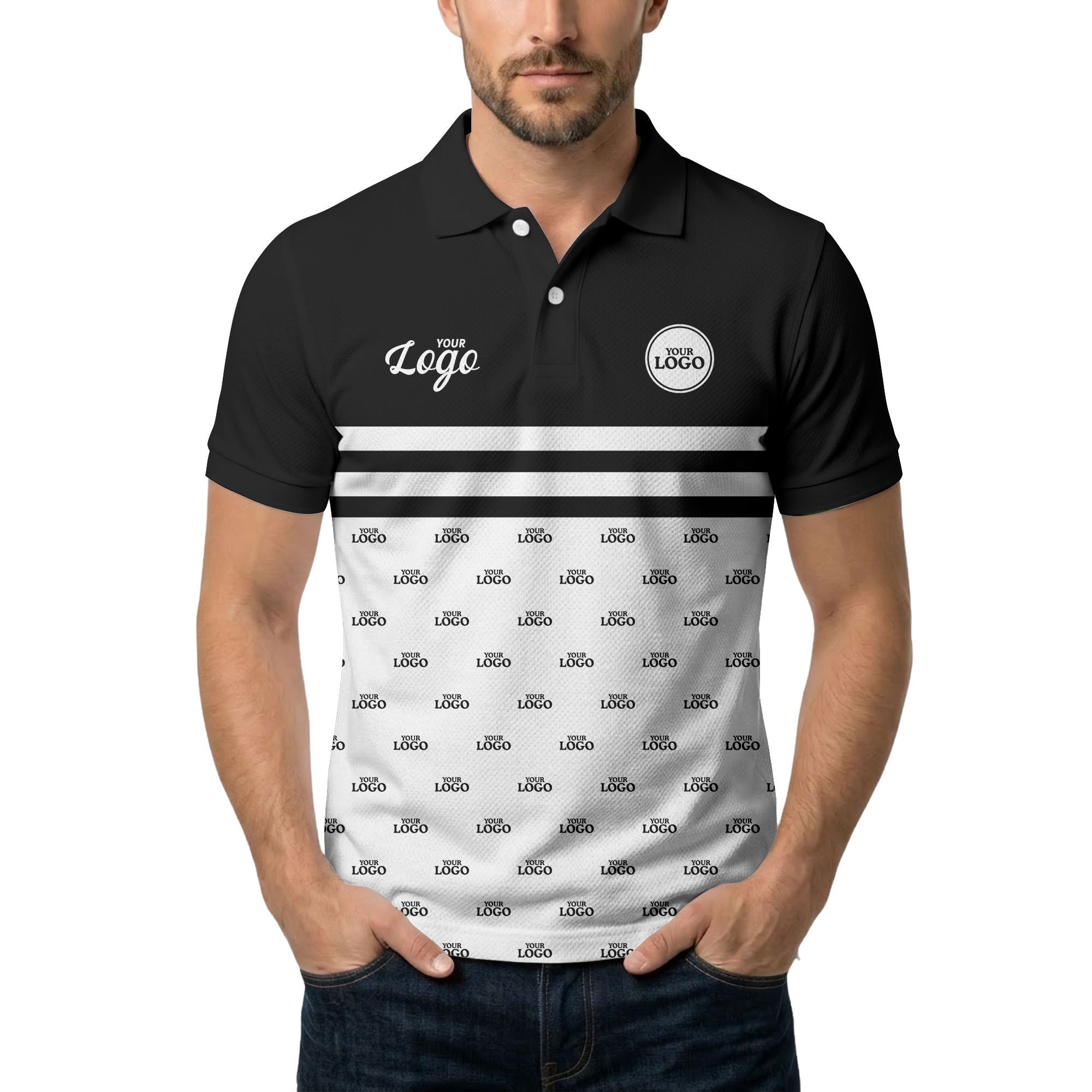 custom multi color striped logo golf polo shirt for corporate branding