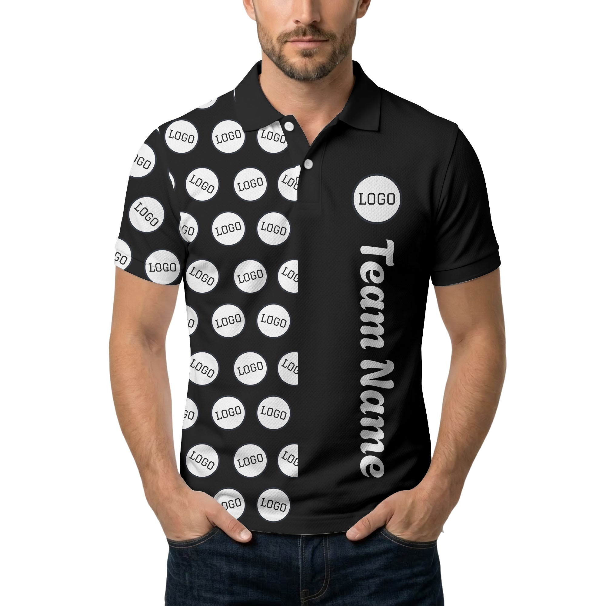 custom team logo polka dot repeat black & white polo shirt for men