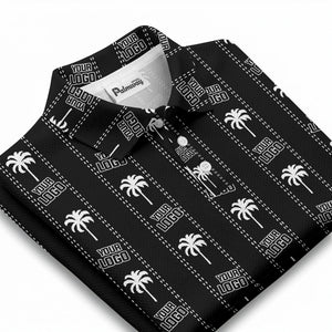 customizable palm trees & logo repeat graphic black white polo shirt