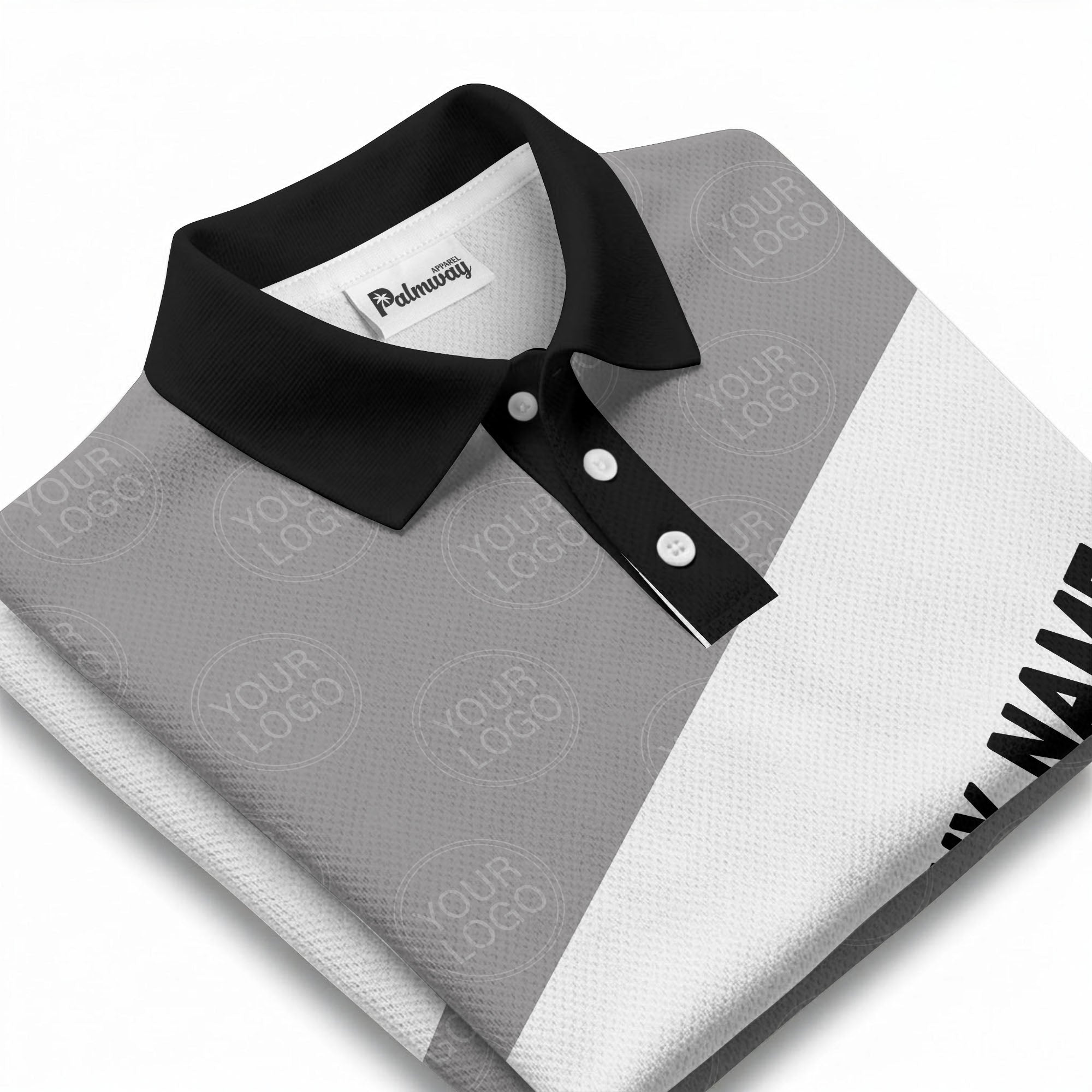 diagonal stripe monogram logo gray white black corporate polo shirt