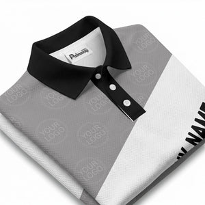 diagonal stripe monogram logo gray white black corporate polo shirt