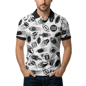 dynamic footballs & speed lines graphic black white sports polo shirt