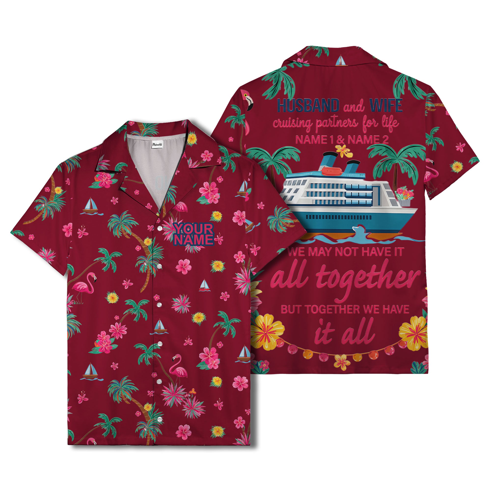 flamingo sailboat hibiscus palm watercolor hawaiian shirt