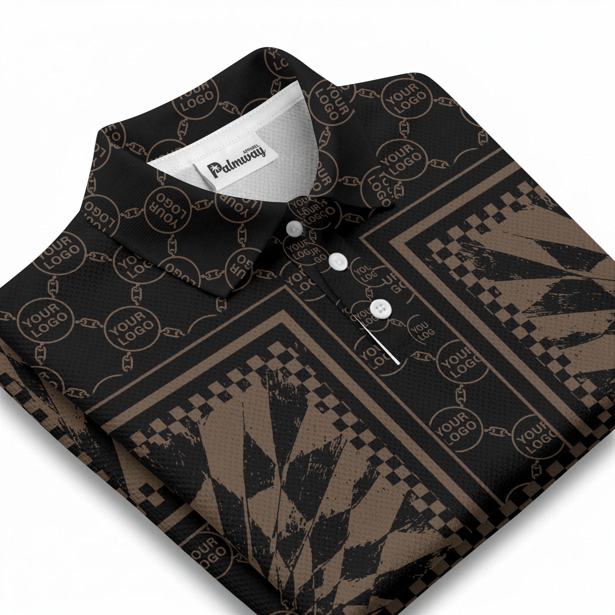 geometric palm leaves checkerboard border polo shirt