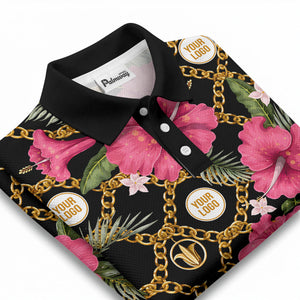 gold chain & pink hibiscus luxury illustrated polo shirt for men