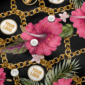 gold chain & pink hibiscus watercolor hawaiian shirt for men